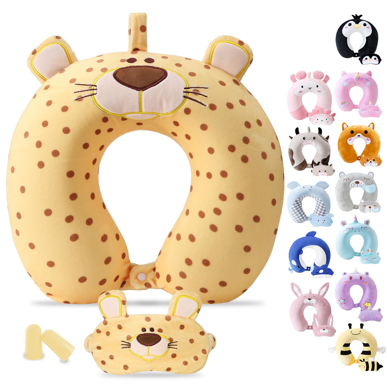 Cirorld Travel Pillow for Kids Adult Cute Neck Pillow for Traveling Memory Foam Airplane Pillow Sleep Mask Animal Flight Pillow Head Rest Neck Support for Cars Long Flights (Yellow Leopard, 9-12 Y/O)