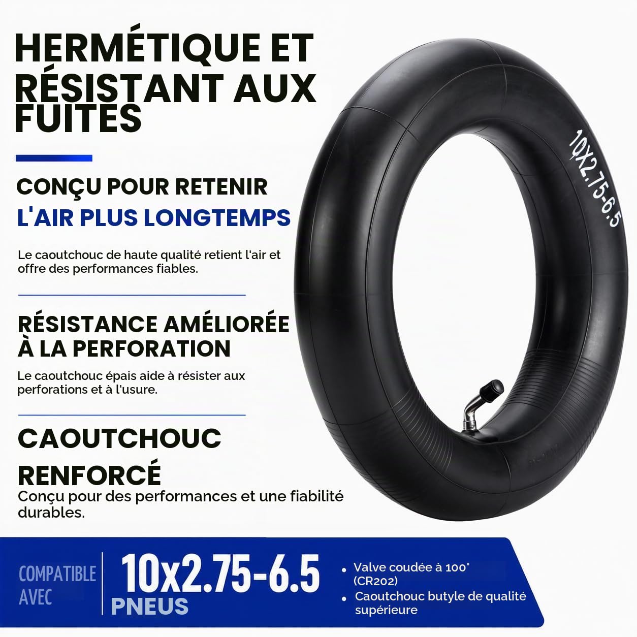 Chambres à Air 10x2.75-6.5 (Lot de 2), Valve Coudée CR202 | Chambres à air robustes en caoutchouc butyle pour trottinettes électriques et mini-motos. Comprend 2 démonte-pneus.