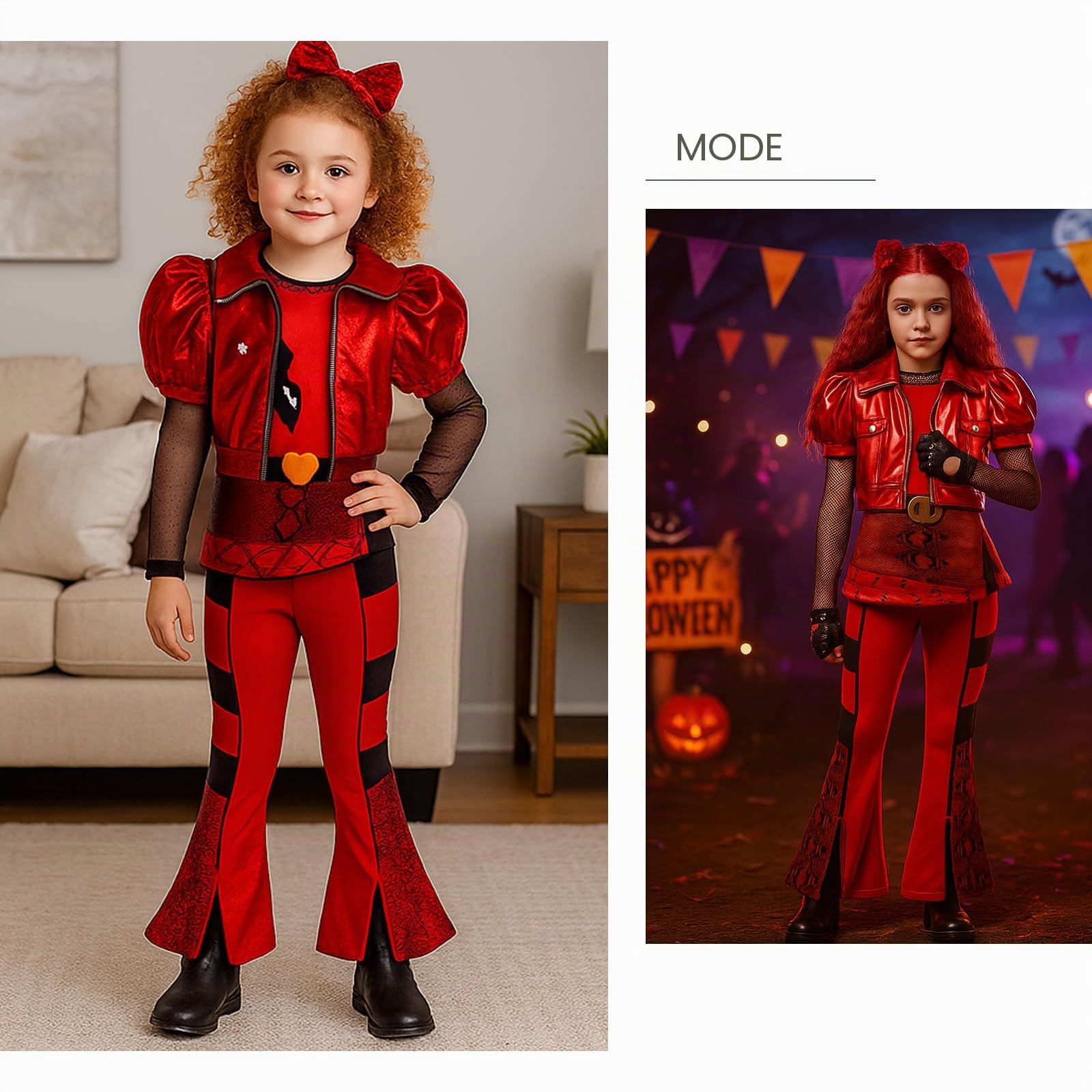 Red Kostüm mit Jacke, Top, Hosen Perücke Rot, Rot Handschuhe, Liebesbeutel für Karneval, Haloween Kostüm Mädchen