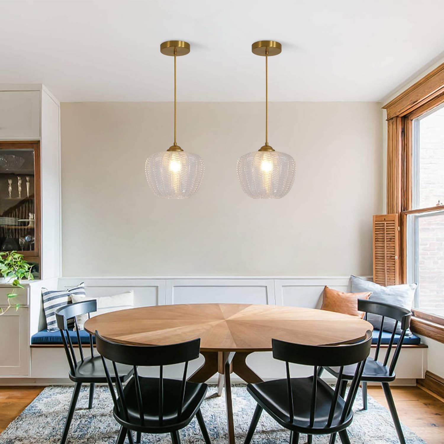 KCO Lighting Clear Glass Pendant Lights Kitchen Island Light Fixture Vintage Ribbed Glass Ceiling Light Antique Brass Pendant Light Gold Globe Pendant Light Fixture