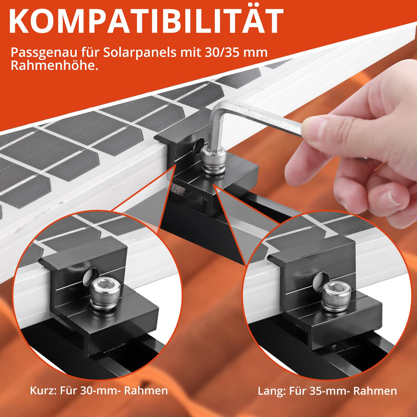 GETLITOOL Solarmodul Halterung, PV Halterung Montageset zur Montage 2 Module-12cm Alu Schiene, Verstellbare Klemme für 30-35MM Module, Solarpanel Halterung Flachdach Trapezblech Ziegeldach| Schwarz