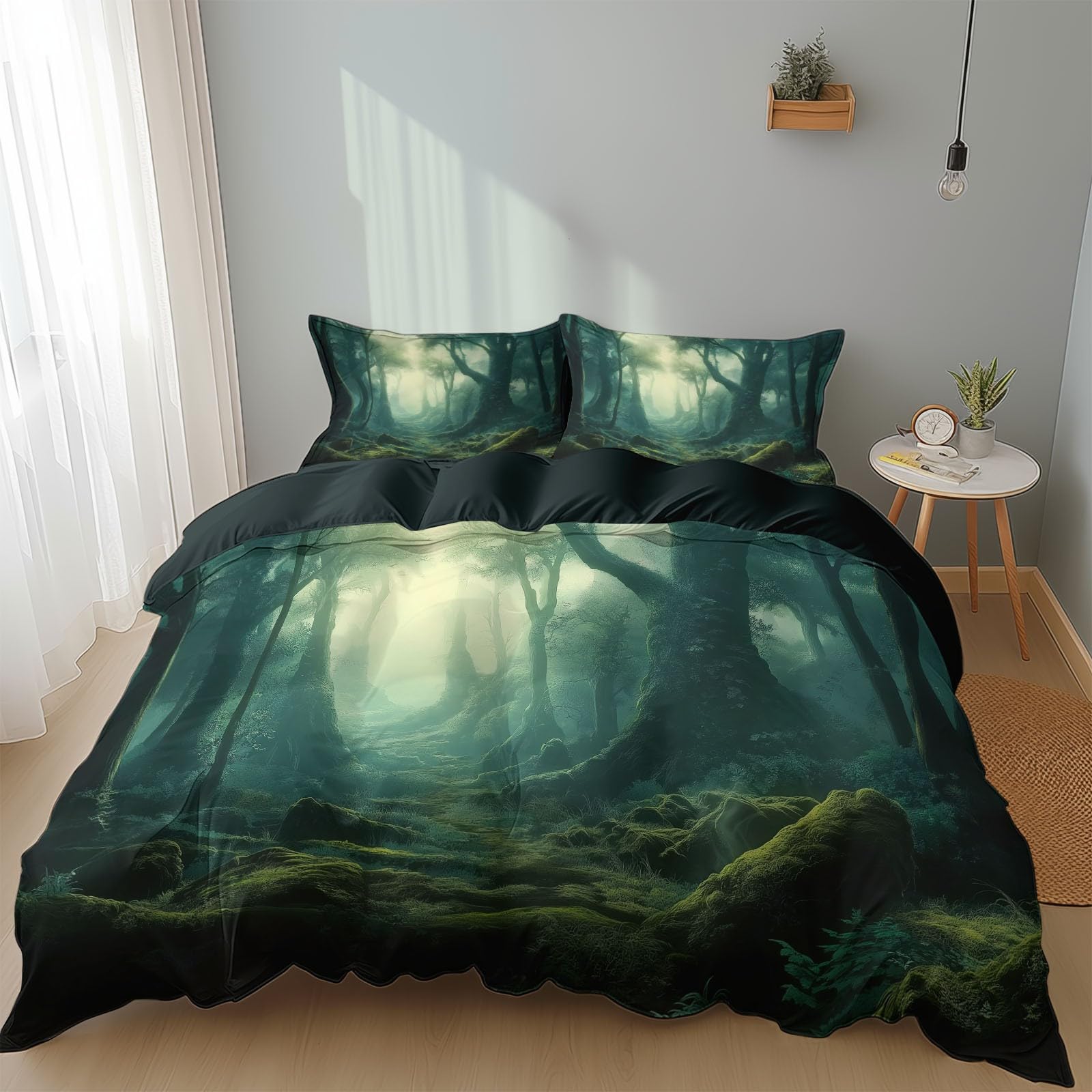 Komplet pościeli 240 x 220 cm tajemniczy las poszwa na kołdrę z mikrofibry 2-osobowa dla dzieci nastolatka dziewczyna, ciemnozielona poszwa na kołdrę i 2 poszewki na poduszki 65x65 cm