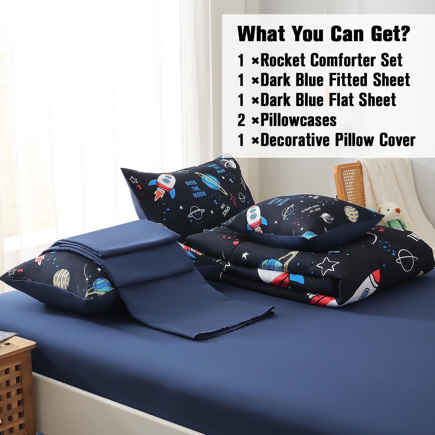 JQinHome Twin Space Comforter Set for Kids,6 Piece Bed in A Bag 3D Galaxy Space Rocket Planets Bedding Set for Teens Boys Girls with Pillowcases, Flat Sheet,Fitted Sheet, Cushion Cover - Image 6