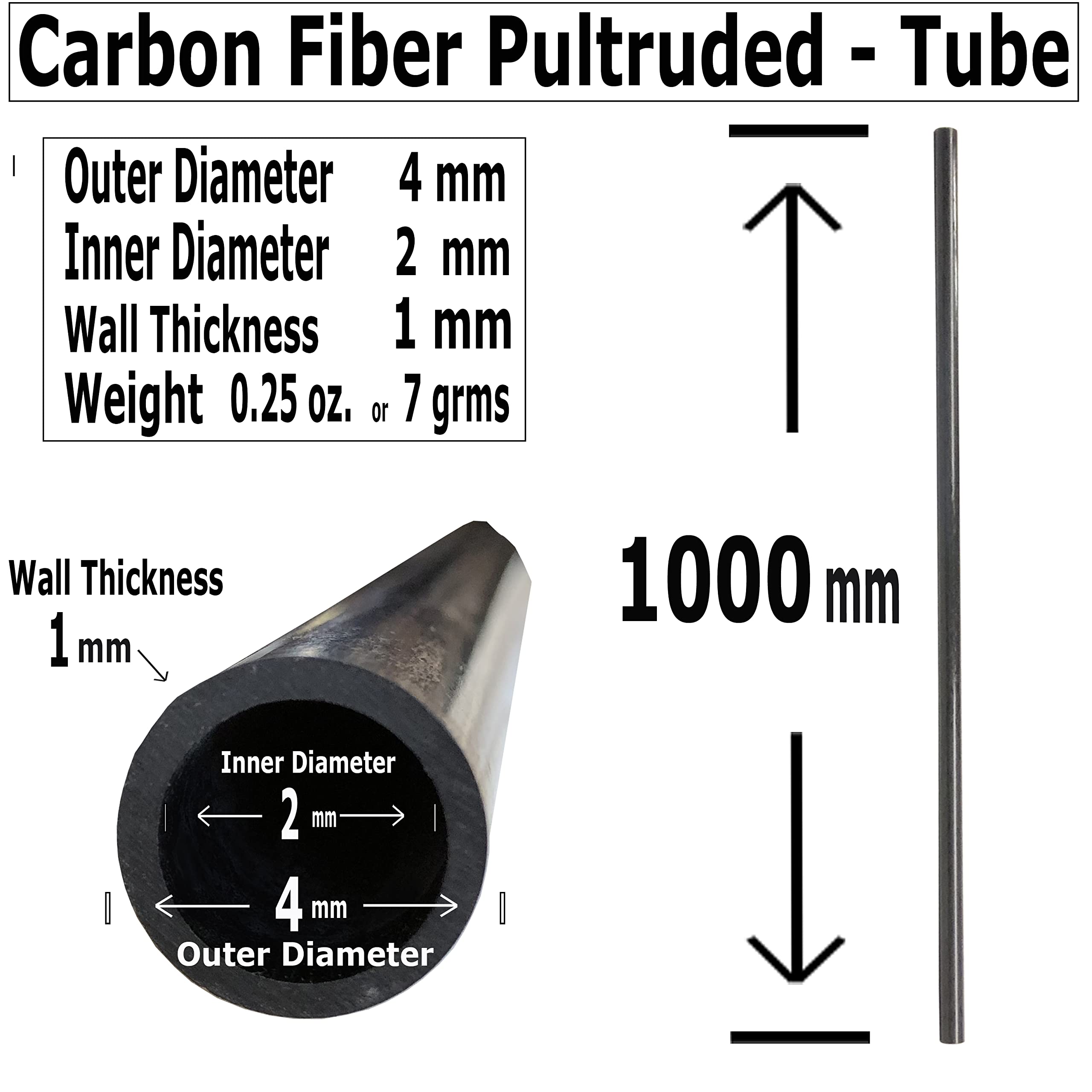 KARBXON – Carbon Fiber Tube - 4mm X 2mm x 1000mm – Pultruded Round Hollow Carbon Fiber rods Black Matte Finish - Pure Carbon Fibre Hollow Tube shafts - for RC Planes-Drones, Boat DIY Craft Projects