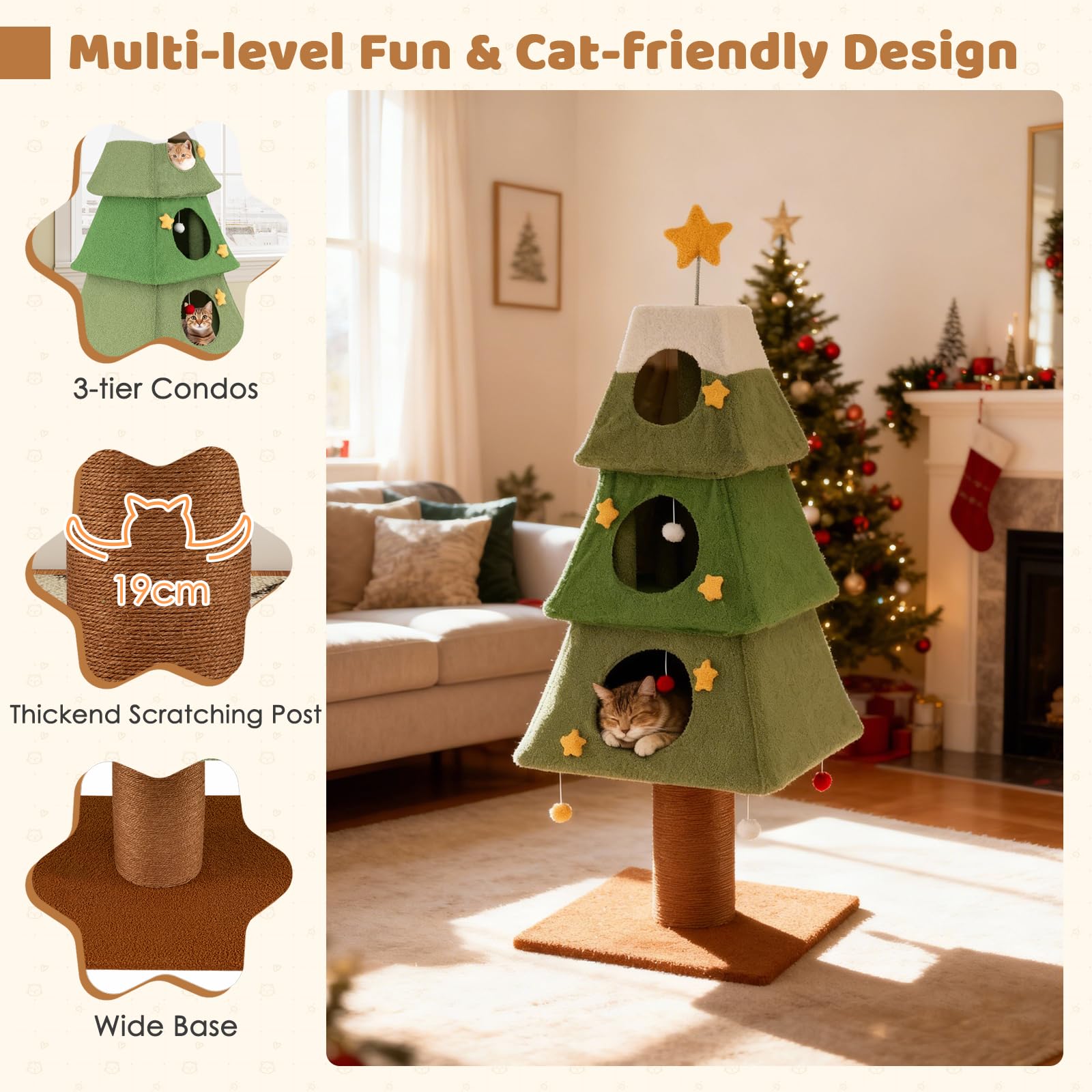 SOARS Árbol rascador de Navidad, 162 cm, con 3 cuevas, columna rascadora, tronco de 19 cm de grosor, bolas colgantes, árbol de Navidad, árbol de Navidad para gatos