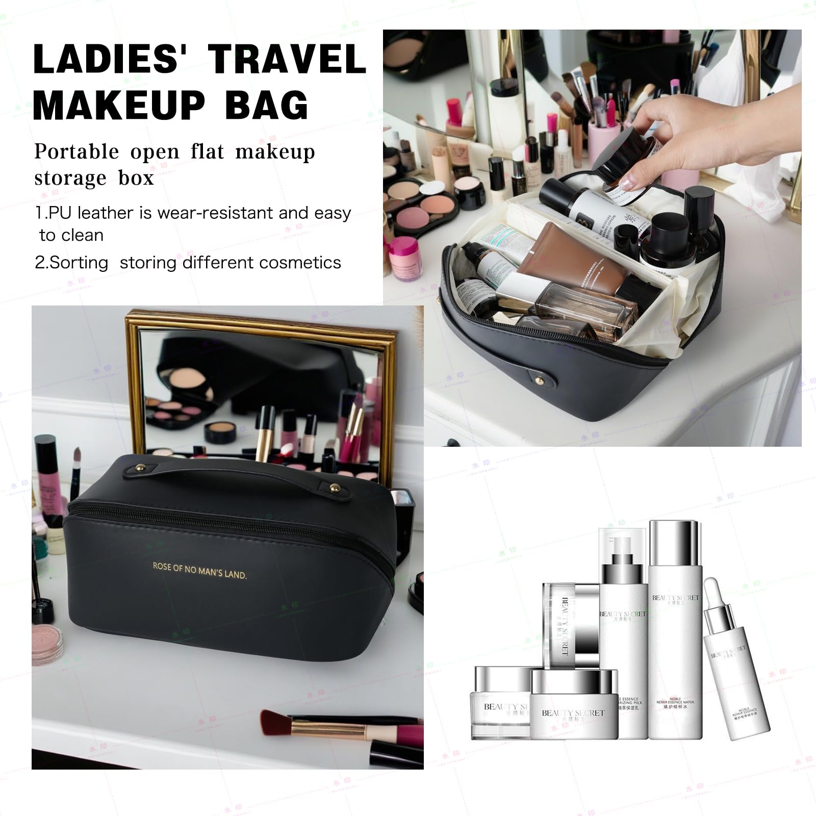 Makeup Bag Travel Cosmetic Bags with Brush Compartment Largeportable Cosmetic Bag with Handle Waterproof Pu Leather Toiletry Bag for Women Girl Travel Essentials - Image 4