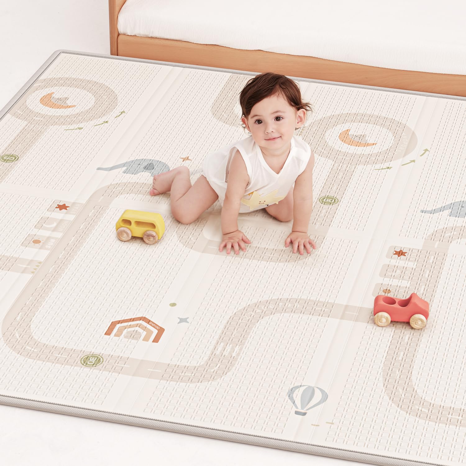 BG-BABYGO Baby Play Mats for Floor Play - 147x177x1CM Waterproof and Soft Padded Play Matt for Toddlers - Reversible Foldable Tummy Time - Design for Crawling, Learning and Development with Travel Bag