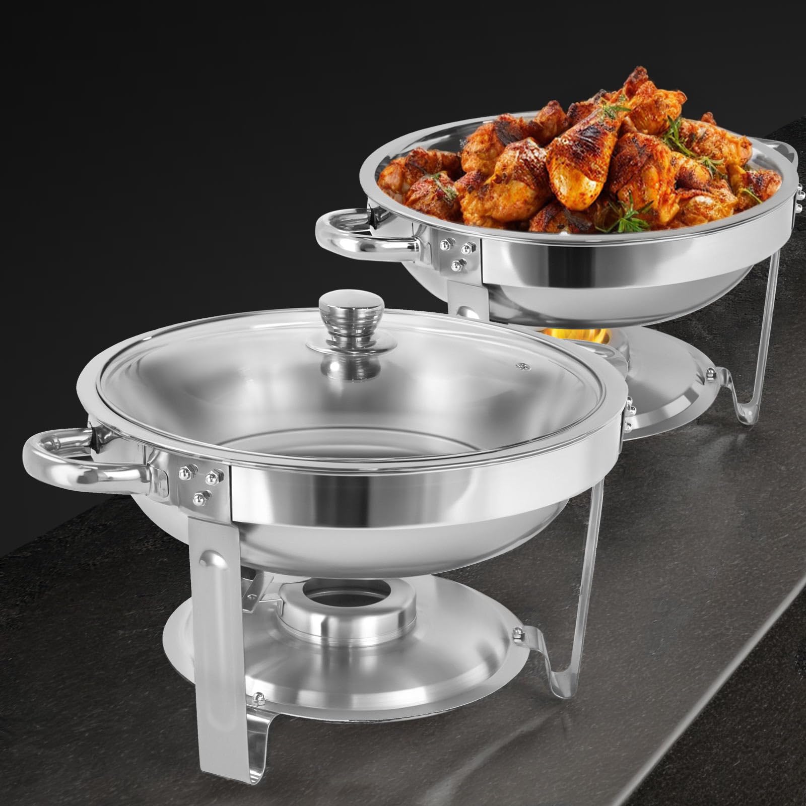 Scaldavivande in Argento for Buffet con Coperchio in Vetro Cucina a buffet | Set scaldavivande rotondo, bordo laminato in acciaio inossidabile for eventi di catering