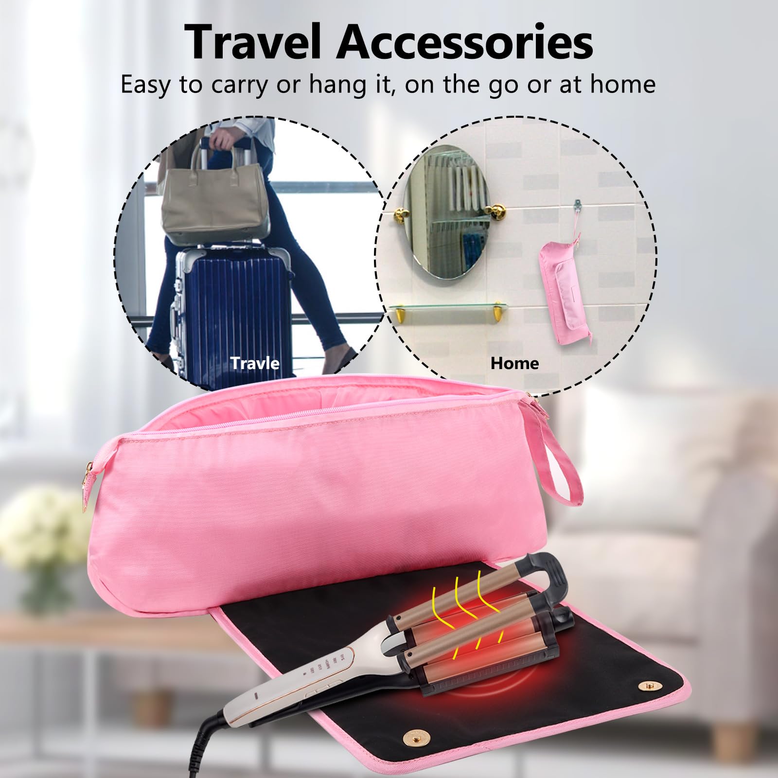 Große Haarwerkzeuge Reisetasche mit hitzebeständiger Matte für Glätteisen, Lockenstab, Haarpflegezubehör, Haarstyling-Werkzeugtasche mit Silikonmatte und hochtemperaturbeständigem Stoff