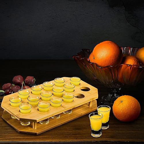 Miniatura 7 de SOUJOY Juego de 16 bandejas de vidrio de chupito, juego de vasos de chupito de 1 onza con bandeja de bambú, soporte para servir fiestas para bar,