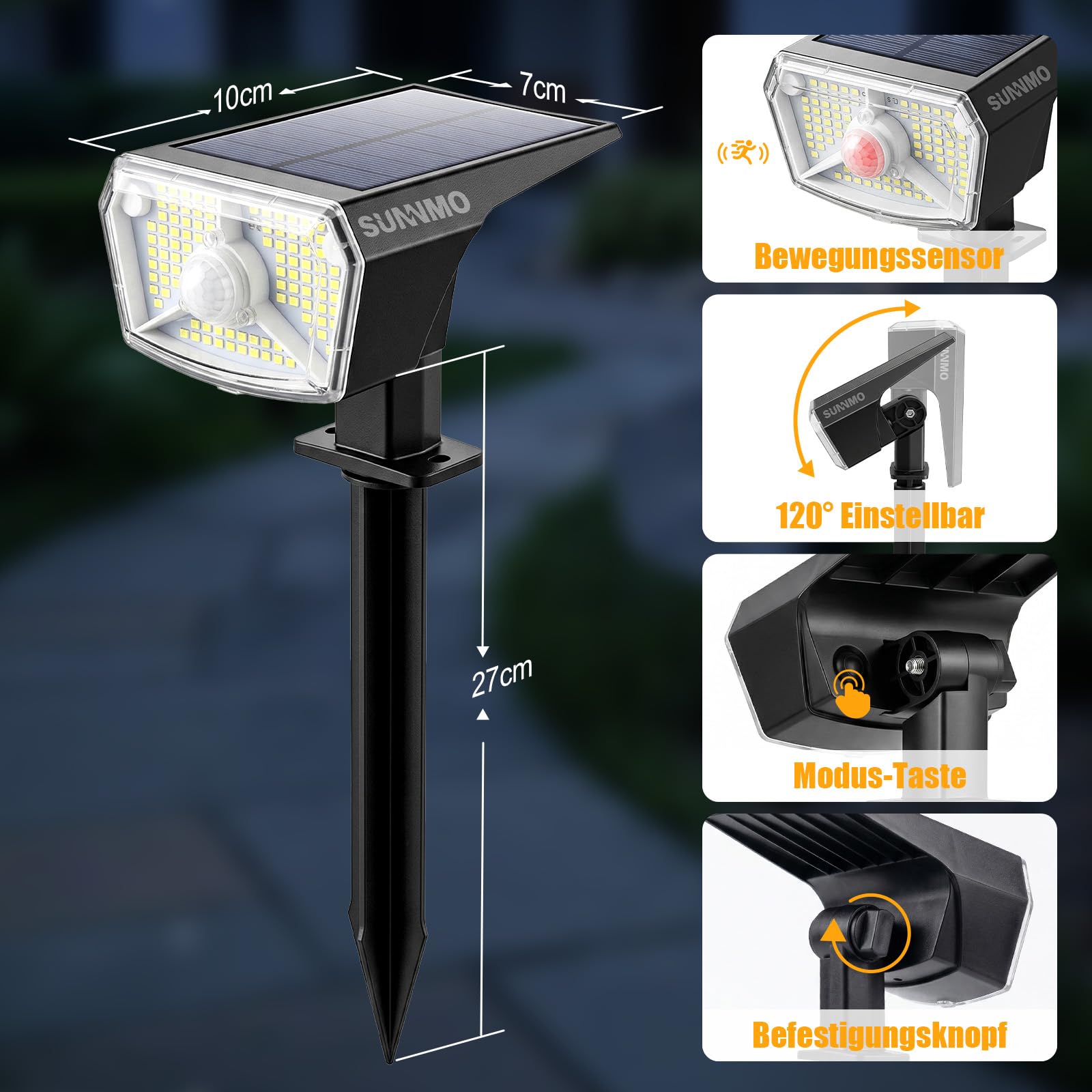 Solarlampen für Außen mit Bewegungsmelder, Solarleuchten Garten 104 LED 3Modi Wetterfest IP65 Wasserdicht, Solar Gartenleuchten Solarstrahler für Außen Garten sehr Hell Warmweiß 3000K, 4 Stück