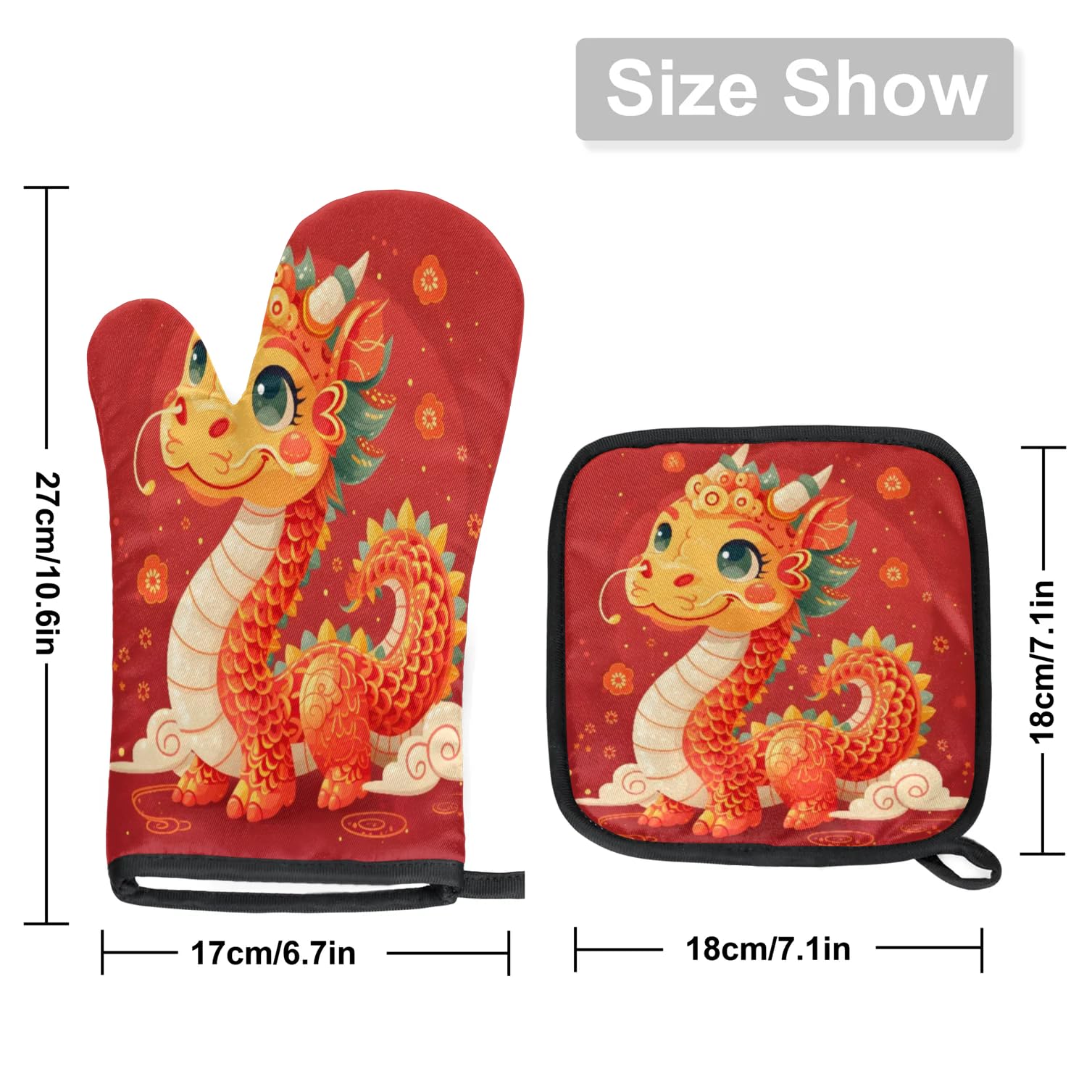 Cute Cartoon Dragon Oven Mitts Kitchen Oven Gloves for Cooking Baking Heat Proof Lining Cotton Kitchen Potholder Mittens Pot Holders Hot Pads for Chef Women Men