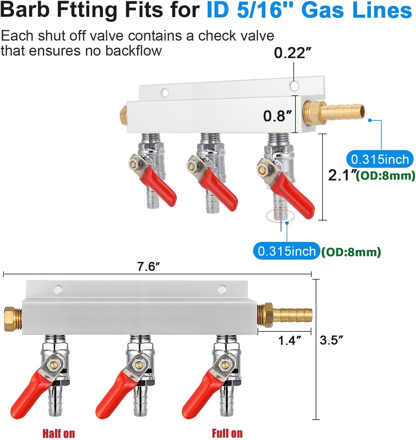 Keg Gas Manifold, 3-Way CO2 Gas Distributor Kegerator Co2 Manifold Keg Co2 Splitter OD 5/16” Barb Fitting Fit for ID 5/16'' Gas Lines with Integrated Check Valves & 4PCS Hose Clamps