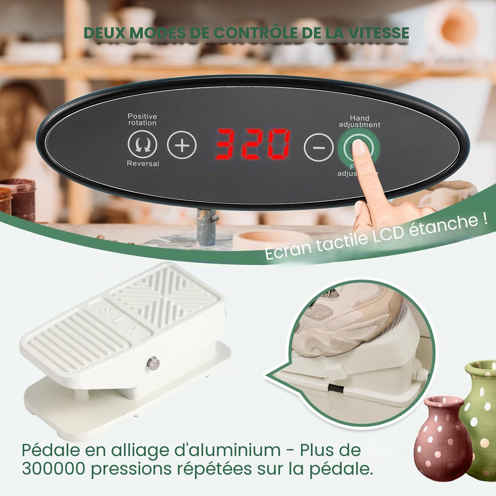 Huanyu Roue de poterie de 30 cm avec pieds réglables et pédale de commande Machine à céramique électrique de 350 W avec bassin amovible et kit d'accessoires de poterie