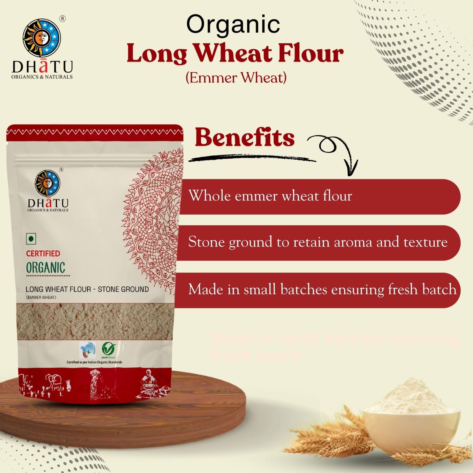 Dhatu Organics Long Wheat (Emmer Wheat) Flour 500g (Pack of 1) | Jave Godhi Atta | Cold-Milled & Unpolished - Image 3 thumbnail