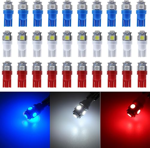 30 unids Super brillante 194 LED bombilla azul+blanco+rojo T10 cuña LED bombillas 5SMD 5050 chips 168 bombilla LED para W5W 2825 158 501 interior