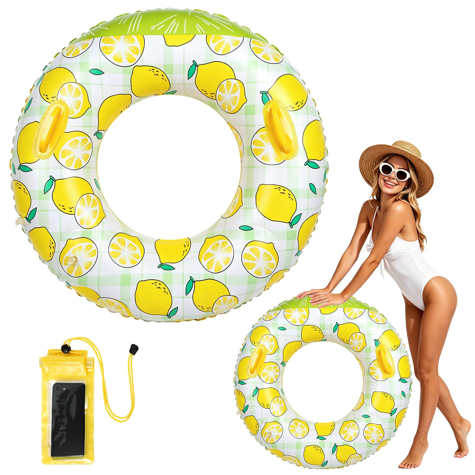 Swimming Rings, Inflatable Rubber Rings for Adults, Fruit Inflatable Pool Ring, Swim Ring with Handle, Pool Float with Waterproof Phone Pouch for Summer Beach Pool Party (Yellow, 80 cm)