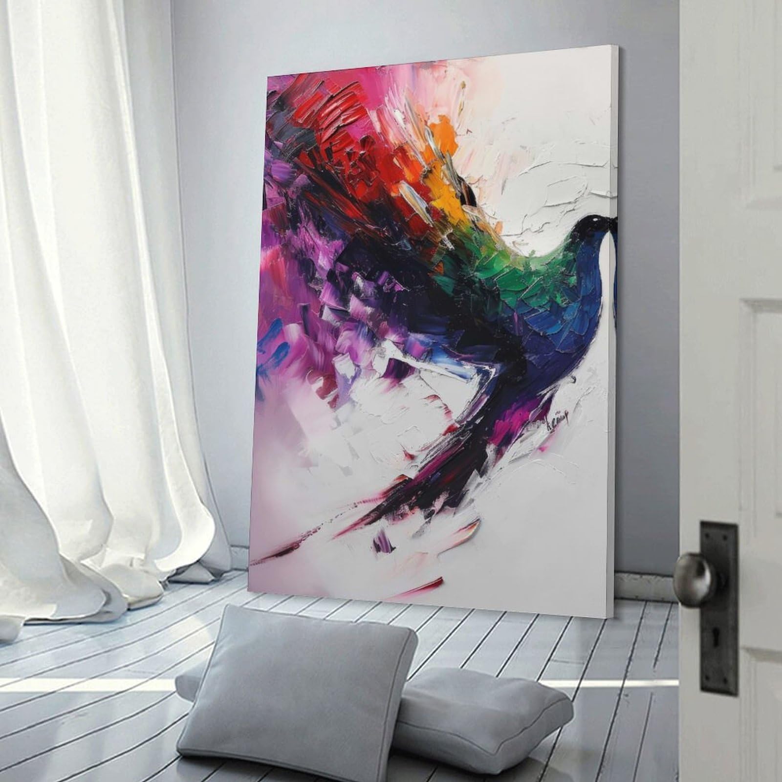 Junmoney Frame-Style-17 Canvas Art Print Colorful Bird Abstract Painting, 16X24inch(40X60cm), For Contemporary Homes, Apartments Or Offices, Decorative Canvas Decor For Home Updates