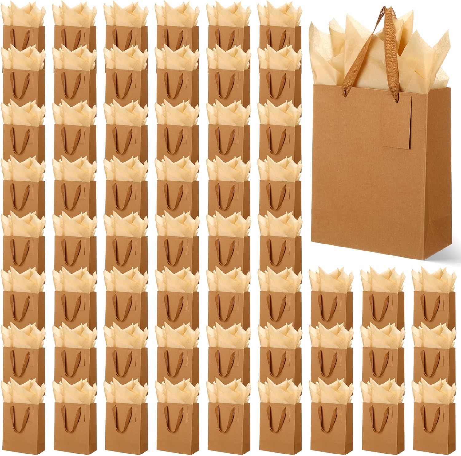 Qilery 50 Pcs Halloween Mini Paper Gift Bags Bulk with Tissue Paper Small Gift Bags with Handle and Tags for Birthday Wedding Thanksgiving Christmas Party Business(Brown,7.9 x 3.9 x 9.8'') Brown 7.9 x 3.9 x 9.8''