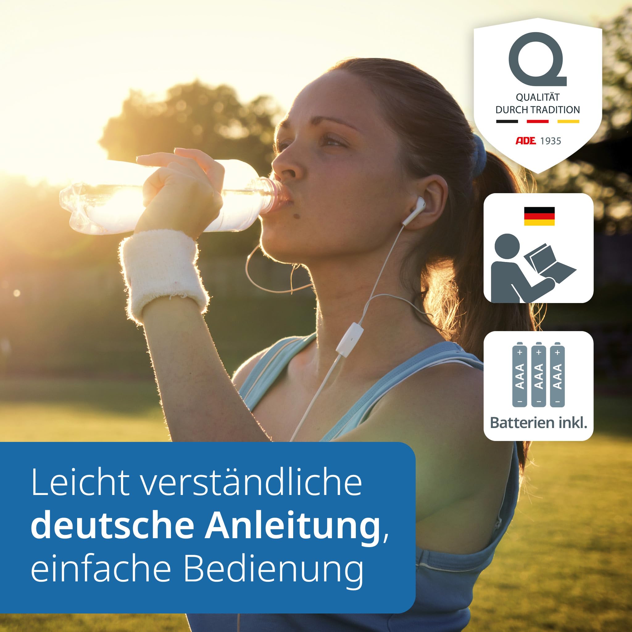 ADE Digitale Körperfettwaage mit großem Farbdisplay | alle Werte auf einen Blick | Körperanalysewaage bis 200 kg | Waage mit Körperfett und Muskelmasse | 8 Speicherplätze und Nutzererkennung | blau