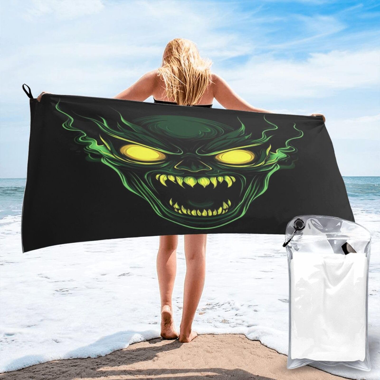 Anceky Digital Illustration of A Green Ghost Skull Quick Dry Microfiber Travel Towel with Carry Case and Carabiner 31.5"X63"