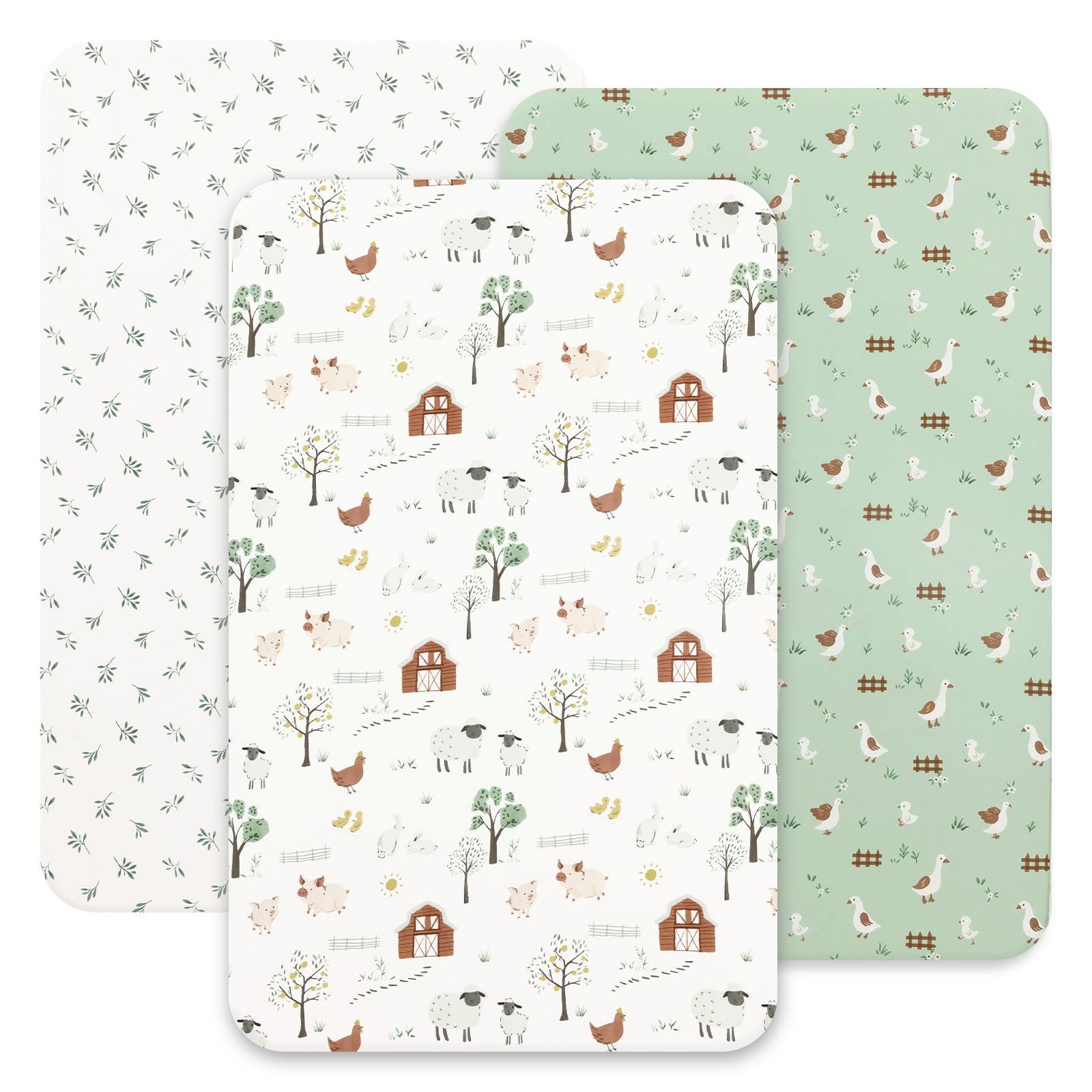 david's kids 3 Pack Mini Crib Sheets, Soft Breathable Premium Pack N Play Sheets for Baby Boys Girls Neutral, Playard and Mini Crib Mattresses, Farm