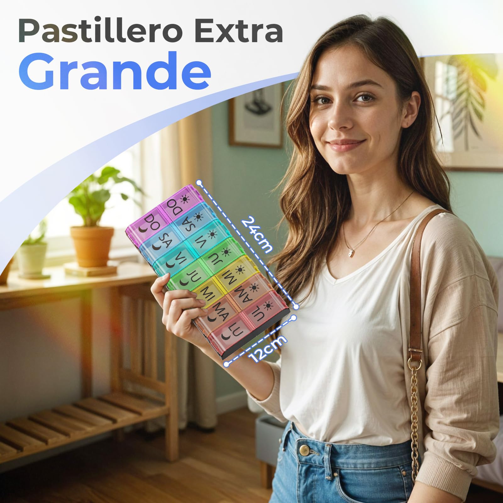 COLORWING Pastillero Semanal 2 Tomas Español, Pastillero Grande con 14 Compartimentos XL, Pastillero Diario para 7 Días, Organizador de Pastillas y Medicamentos, Perfecto para Uso en Casa y Viajes