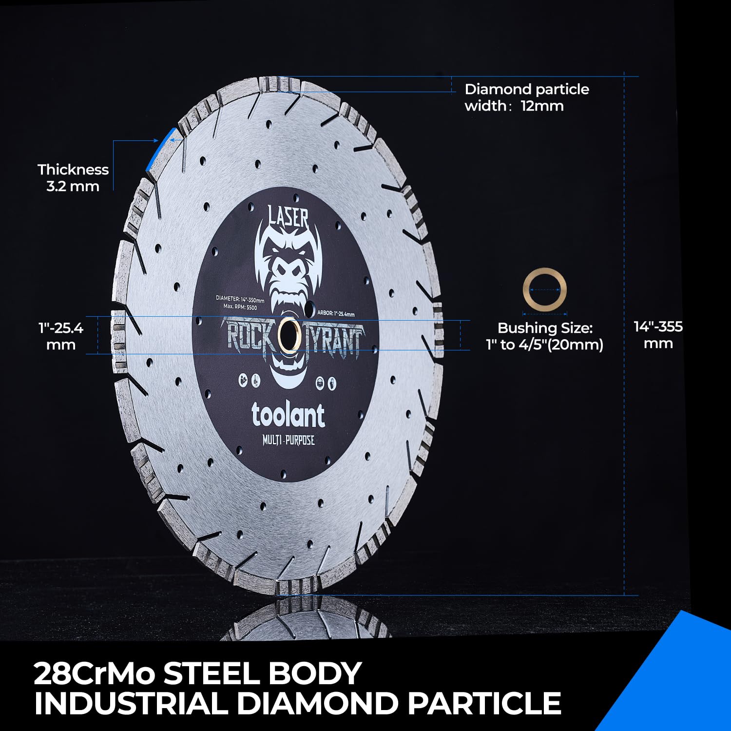 toolant Lama diamantata da 35,6 cm, bordo turbo segmentato al laser per cemento armato leggero per cemento armato, muratura, finitrici, mattoni, blocchi, pietra, ecc. Lame diamantate multiuso per