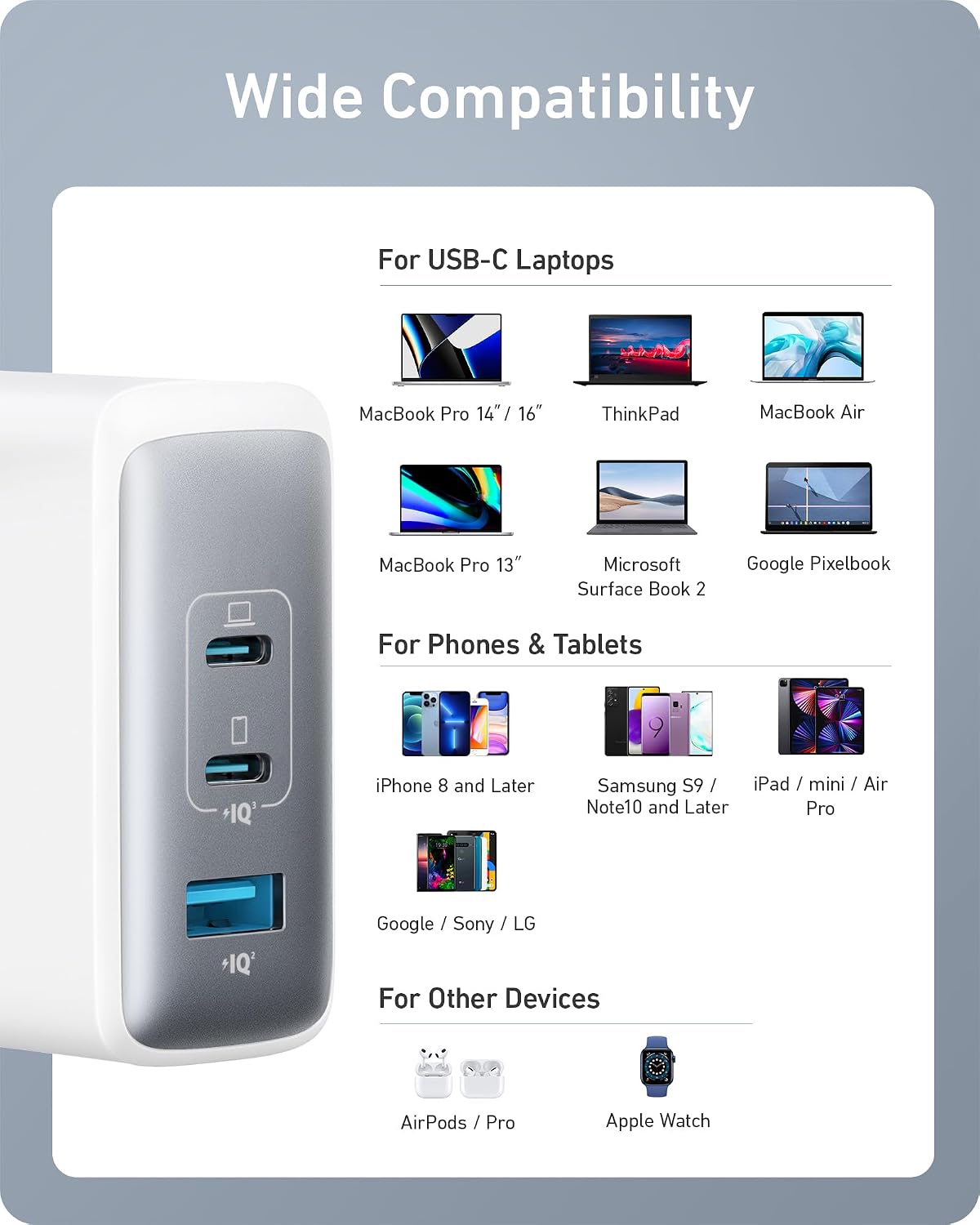 Anker Cargador USB C Carga Rapida 100W 736 (Nano II), Cargador Compacto con 3 Puertos, Ideal para MacBook Pro/Air, Google Pixelbook, DELL XPS, iPad Pro, Galaxy S22/S20, iPhone 16/15/14/13 Pro,y más. 8