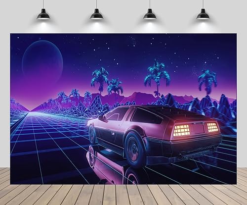 Miniatura 1 de 6x4ft Cyberpunk Car Backdrop Retro Futuristic Car 80s Style Punk Racing Car Tropical Tree Background Comic Game Racer Punk Birthday Wedding Party