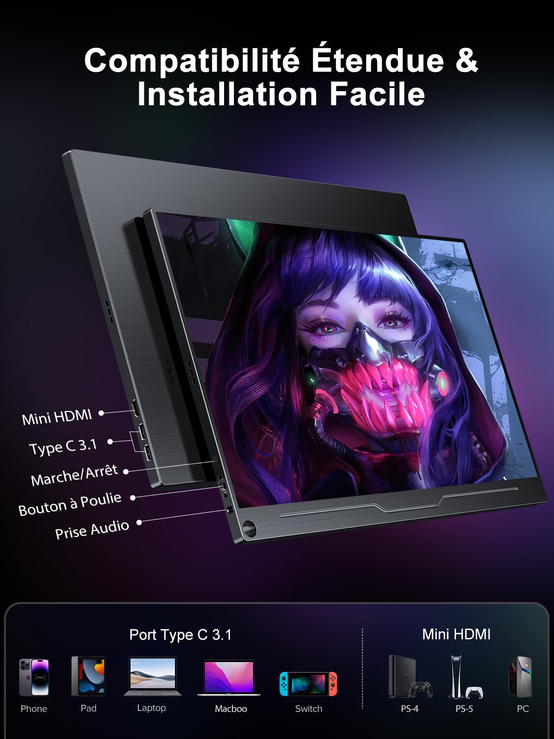 UPERFECT 18,5" 120Hz Ecran Portable, Full HD 1080P, Boîtier Métallique