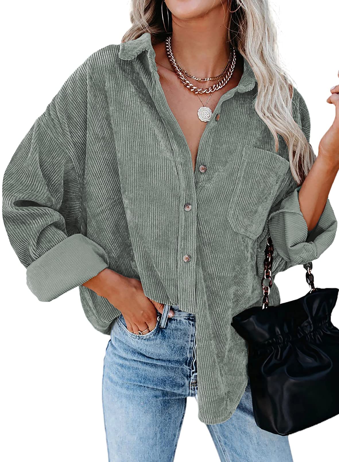 SidefeelWomen Corduroy Long Sleeve Button Down Shirt Oversized Jacket Tops