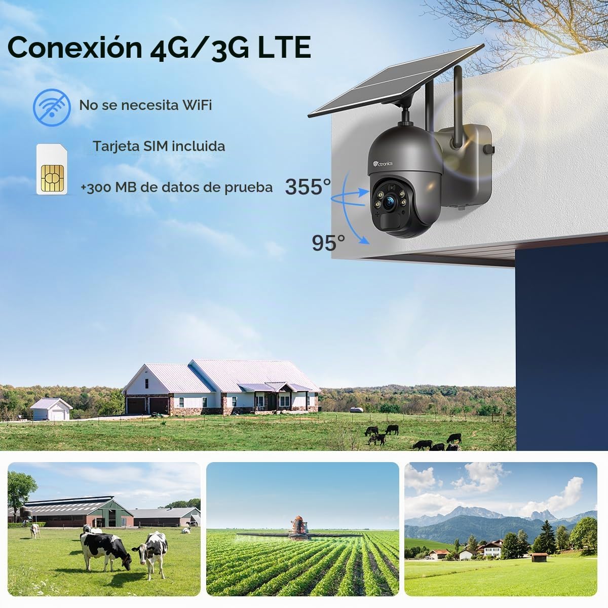 Ctronics 4MP 4g Cámara Vigilancia Solar, 2.5K QHD, Batería 10400 mAh, Panel Solar 6W, Visión Nocturna Color 30m, Remoto PC/App, Alarma de Luz y Sonido, Detección Humana AI PIR, FTP/Cloud/128GB, IP66