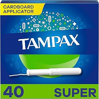 Tampax Cardboard Tampons for Women Super Absorbency, Anti-Slip Grip, LeakGuard Skirt, Unscented, 40 Count