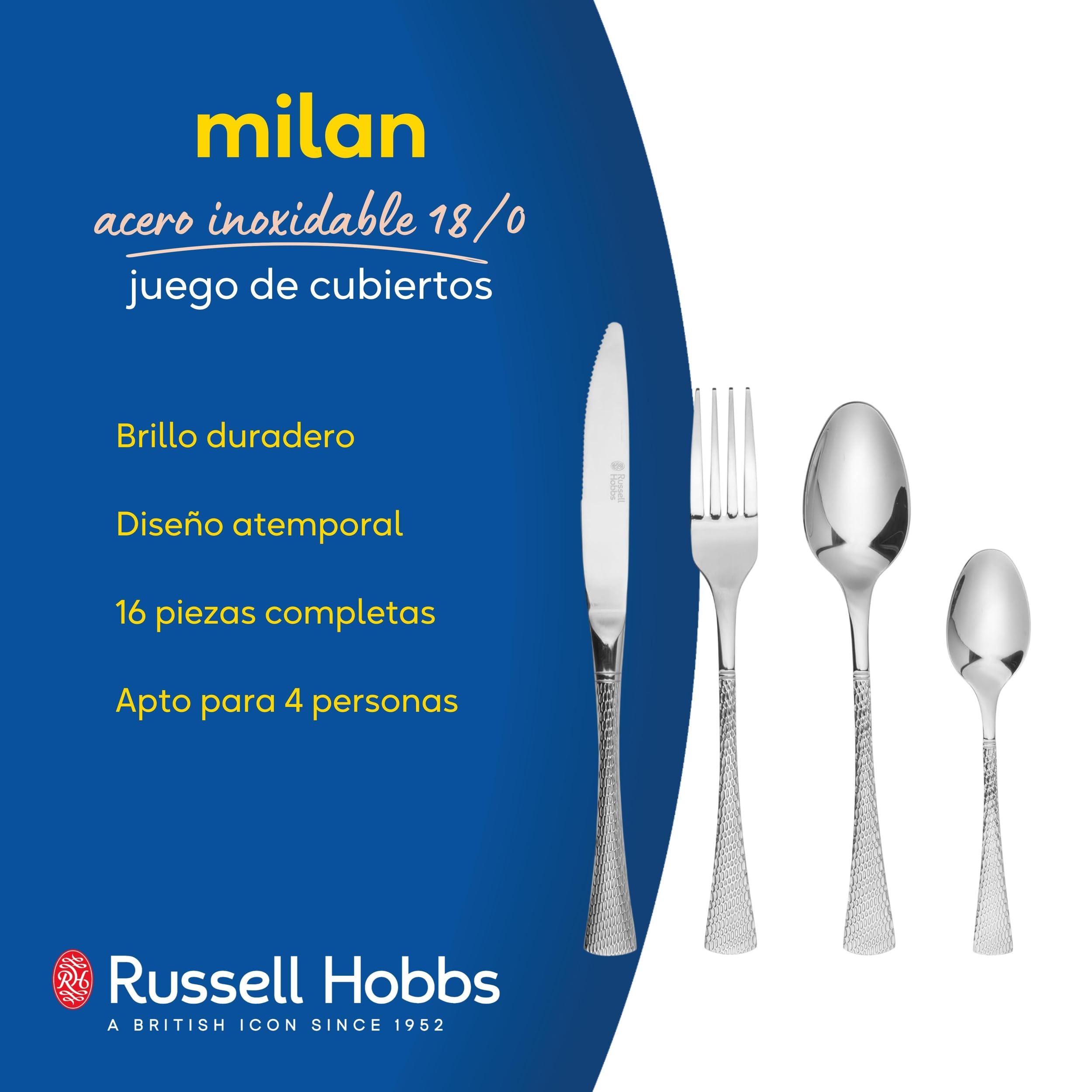 Russell Hobbs RH02229EU7 Juego De Cubiertos Milan Completos Con Patrón Elegante En El Mango, 16 Piezas, Acero Inoxidable 18/0, 4 Personas, Diseño Atemporal, Para El Uso Diario o Eventos Especiales
