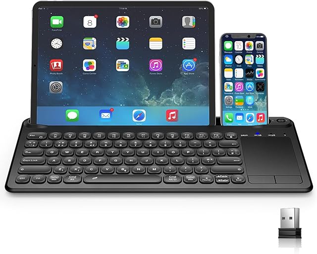 Dracool 2.4G USB + Dual Bluetooth Keyboard with Trackpad Multi-Device Rechargeable Wireless Keyboard with Tablet/Phone Holder for iPad/iPhone/Mac/Computer/PC/Laptop/Windows/Android UK Layout - Black