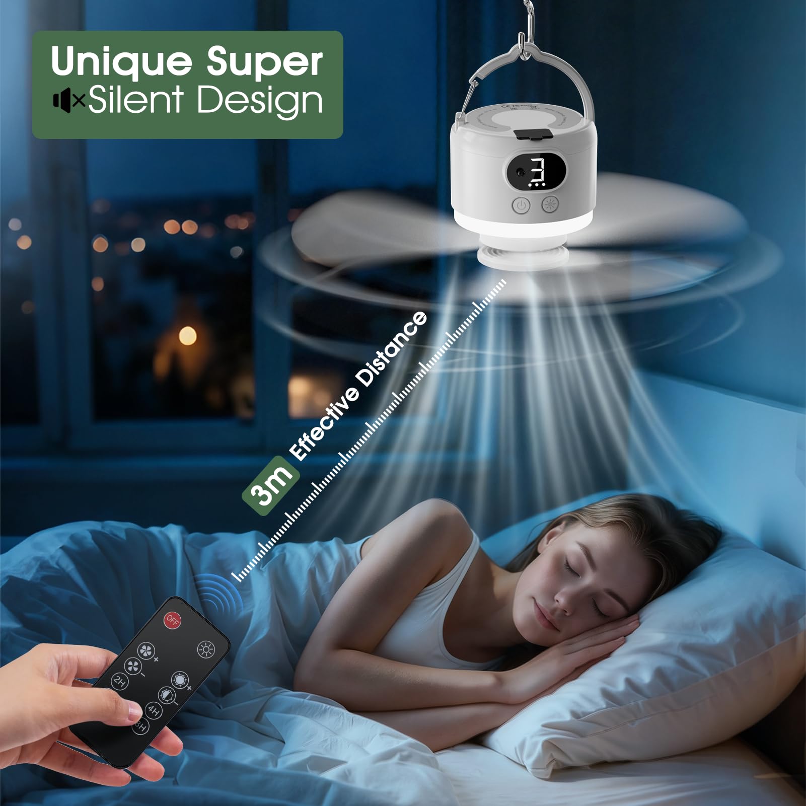 Ventilatore da Campeggio con Luce LED, 10400 mAh Ricaricabile tramite USB Ventilatore per Tende da Campeggio, Autonomia di Funzionamento 8-36 Ore, Telecomando, 3 Velocità, 3 Livelli di Luminosità, Pal