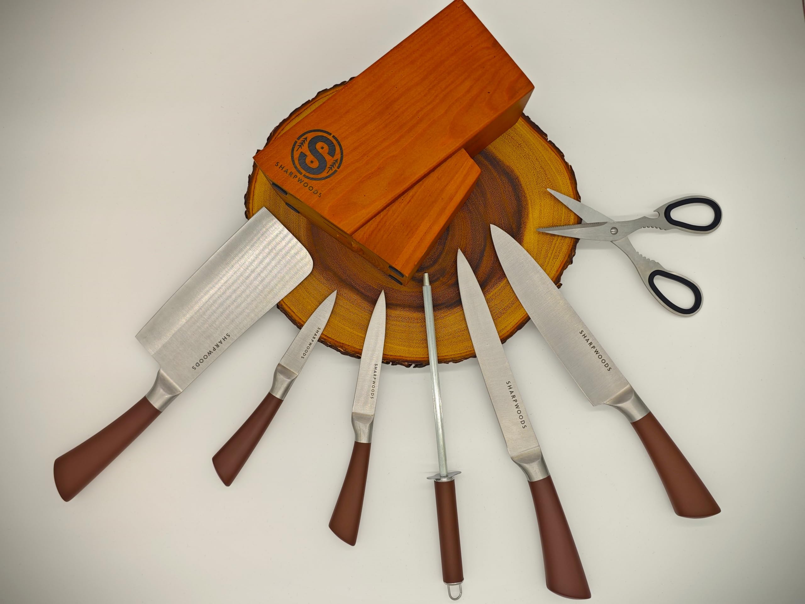 Sharpwoods Premium Messerset, 8-Teilig, Holzblock aus Kiefer, Edelstahlklingen mit Küchenschere und Wetzstahl, Ergonomische Griffe (Braun)