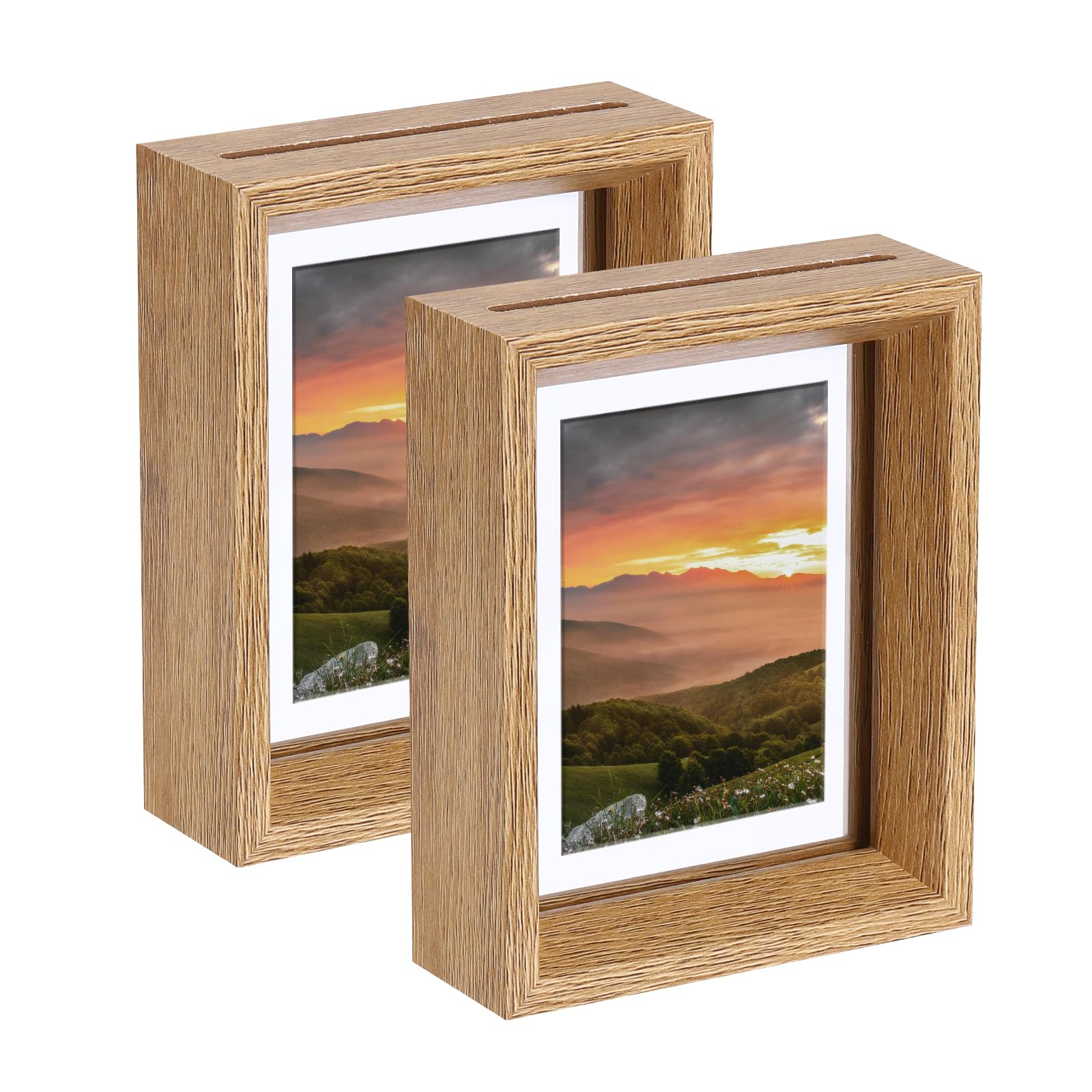sourcing map 2Pcs Floating Frame, 5 x 4 Inch Natural Wood Pictures Frames for Pressed Flowers Standing Wall Hanging Picture Collection, Wood Tone
