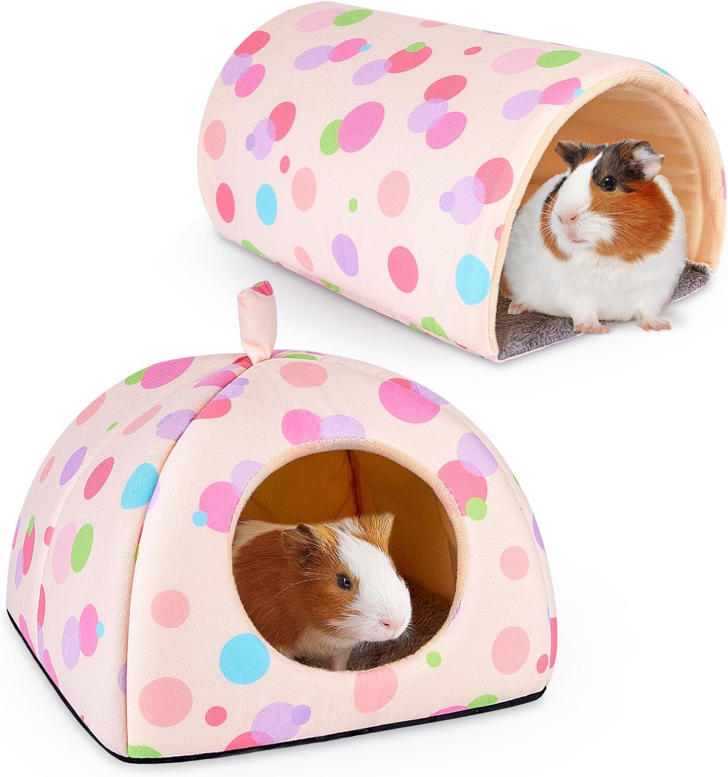 Guinea Pig Hideout, Glittme Soft Guinea Pig Bed and Tunnel, 2 Pack Washable Guinea Pig Tunnel with House Guinea Pig Accessories for Hamster, Rabbit, Bunny, Small Animal, Apricot Polka Dots