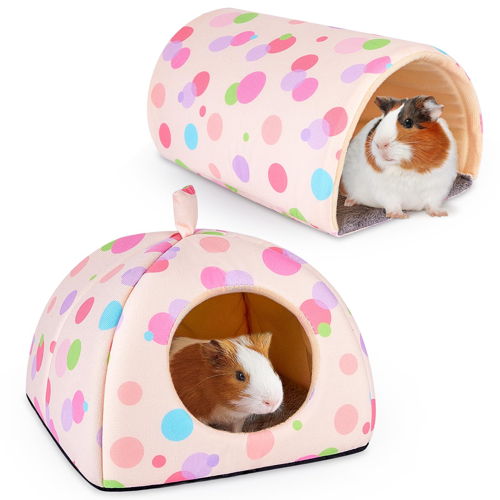 Guinea Pig Hideout, Glittme Soft Guinea Pig Bed and Tunnel, 2 Pack Washable Guinea Pig Tunnel with House Guinea Pig Accessories for Hamster, Rabbit, Bunny, Small Animal, Apricot Polka Dots