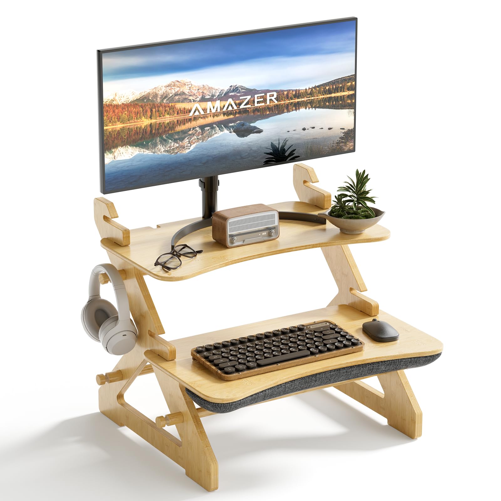 Amazer Bamboo Standing Desk Converter, Height Adjustable Sit Stand Up Desk Riser, Monitor and Laptop Workstation with Keyboard Tray for Office and Home