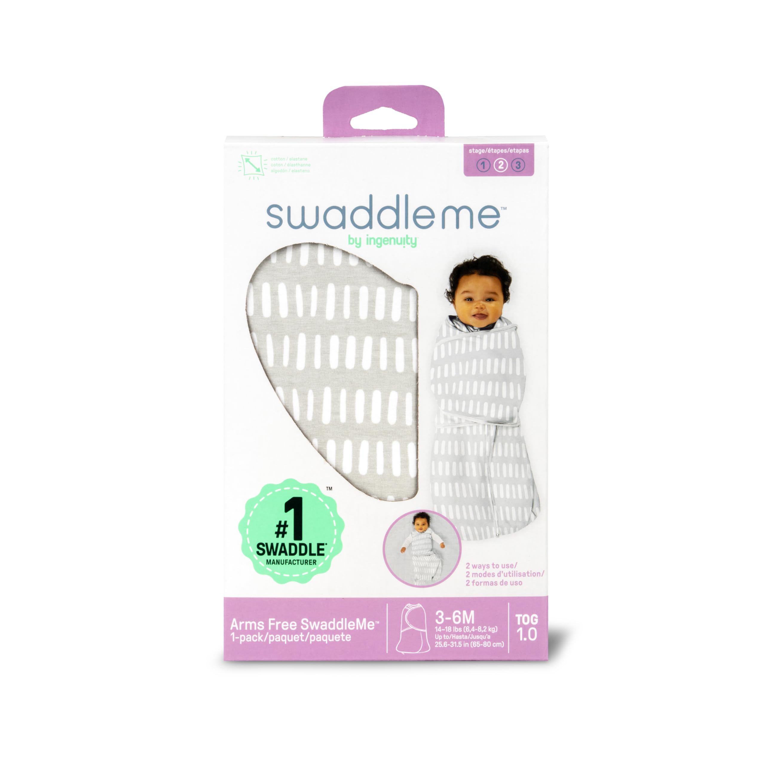 Ingenuity SwaddleMe, Fascia apribile Arms Free, taglia 3-6 mesi, 6-8 kg, confezione da 1, TOG 0,5 - Dashed Lines
