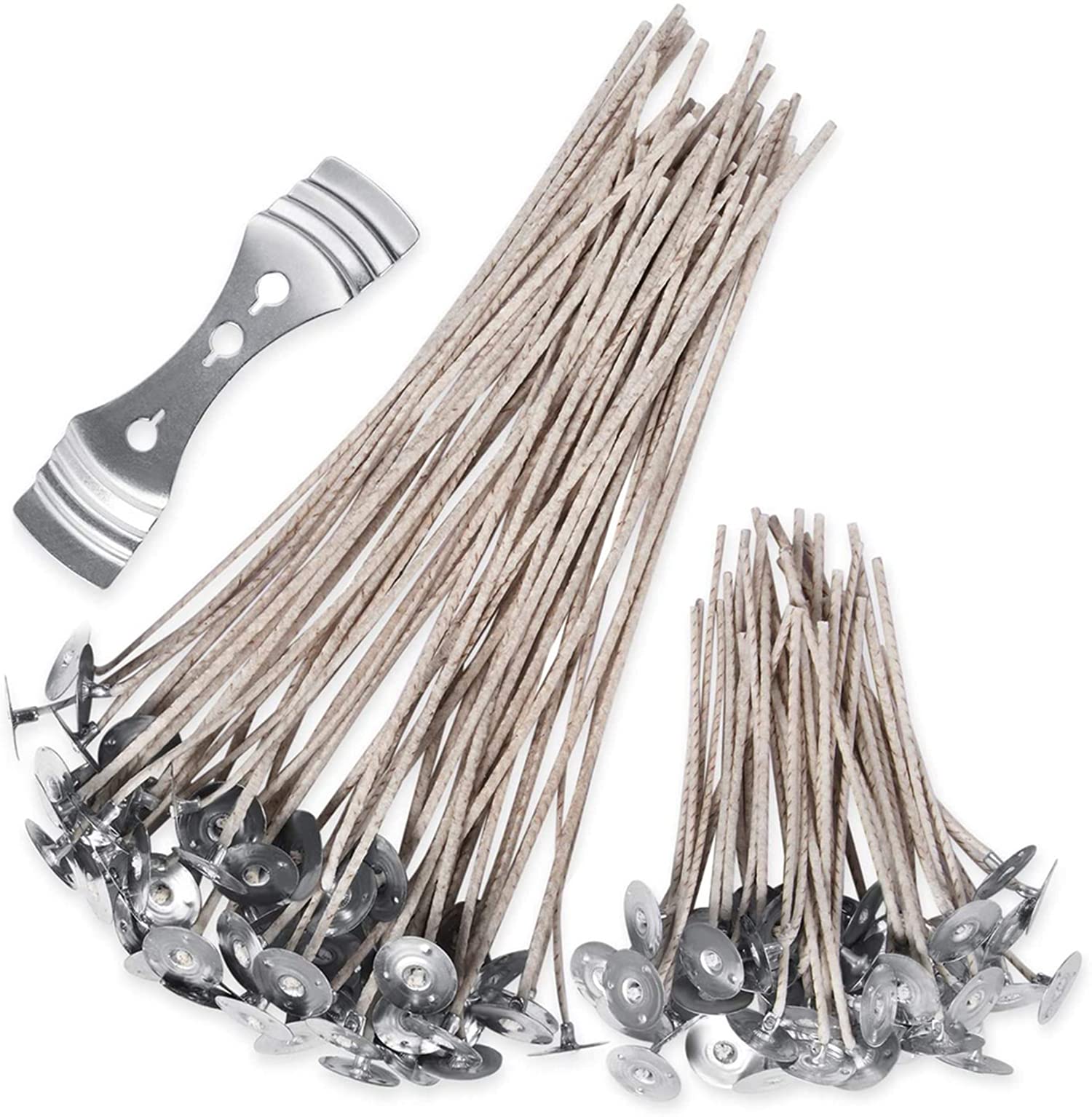 DELFINO Candle Making Kit, 20cm and 9cm Long 100 Pcs Organic Soy Pre Waxed Cotton Candle Wick with 1Pc Stainless Wick Holder Sustainer for Candle Making
