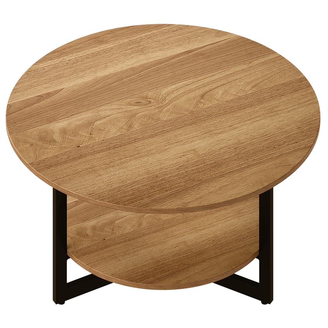 skølm Drakkar Couchtisch rund Ø70 cm – Wohnzimmertisch aus Massivholz Eiche & Metallgestell – Sofatisch mit 2 Ablagen – Kleiner Beistelltisch geölt – Holztisch Wohnzimmer mit Stauraum – Coffee Table