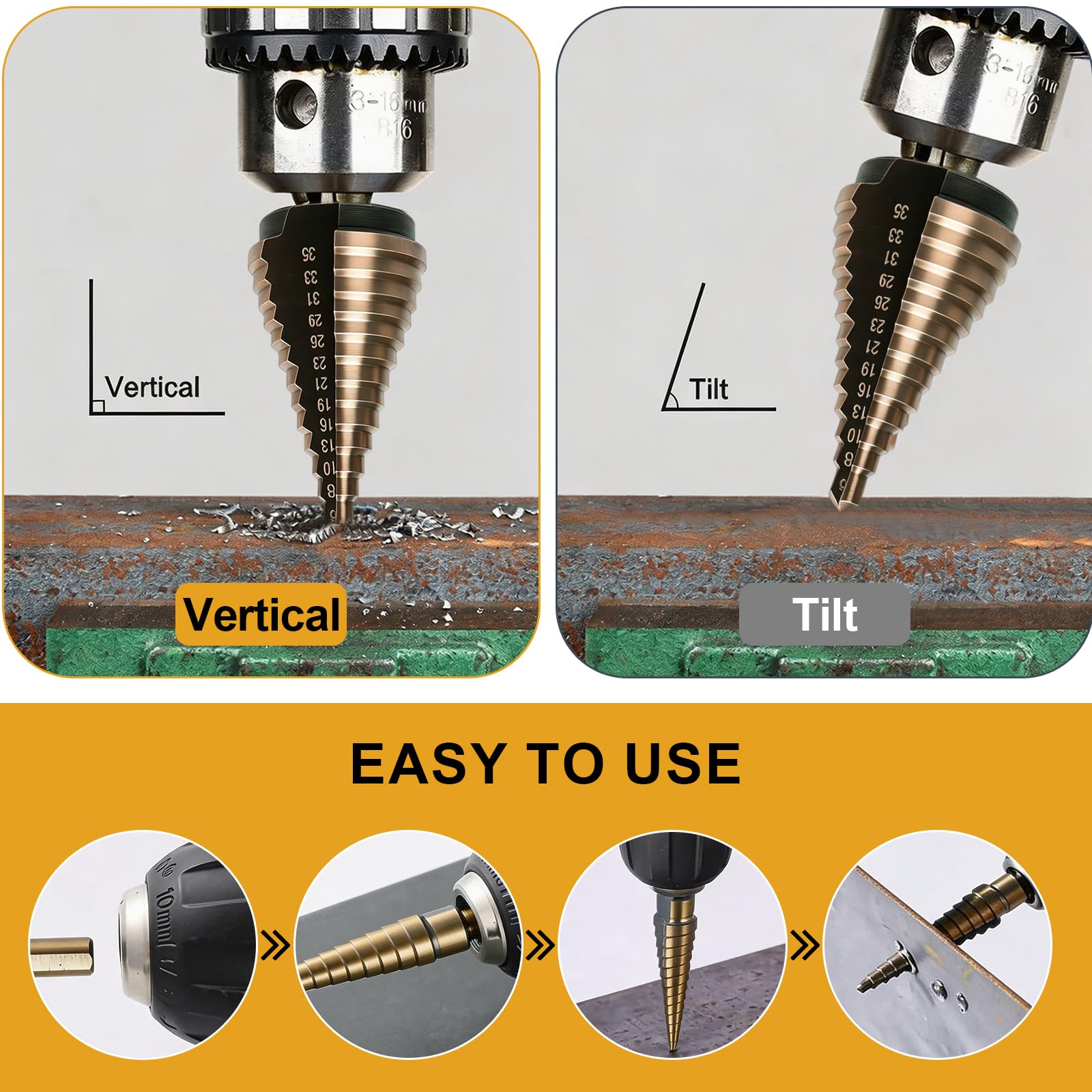 Stufenbohrer Metall Set, 5 Stück, 44 metrische Größen, HSS-Titanbeschichtet, für Metall – ein Bohrer für viele Lochgrößen (Unibit-Qualität)