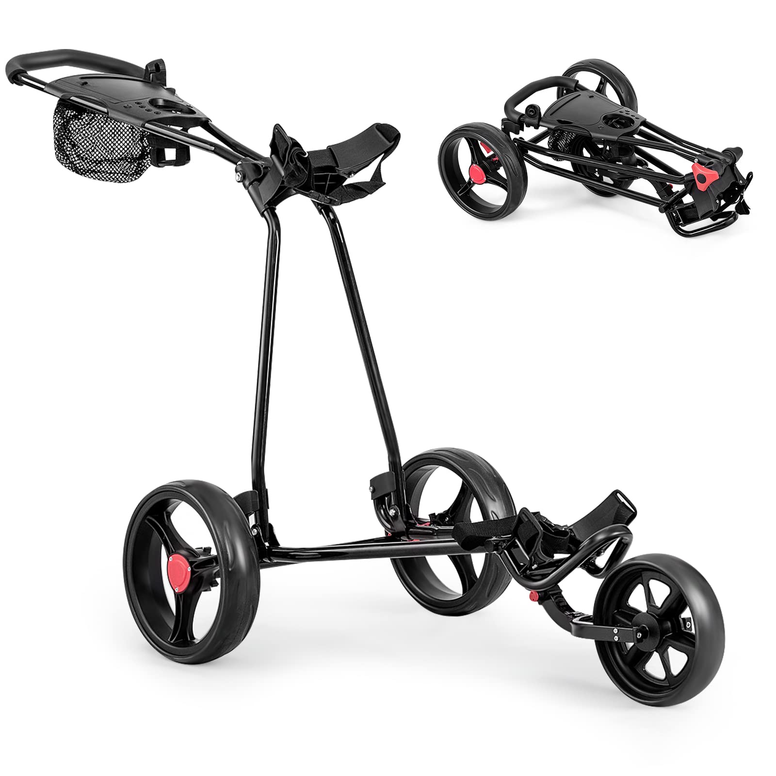 RELAX4LIFE Carrito de Golf Plegable en Marco de Hierro con 3 Ruedas y Frenos, Carro de Golf con Soporte para Teléfono, Titular de Paraguas y Asa Ajustable en Altura y Ángulo, 91,5x60x129,5cm, Negro