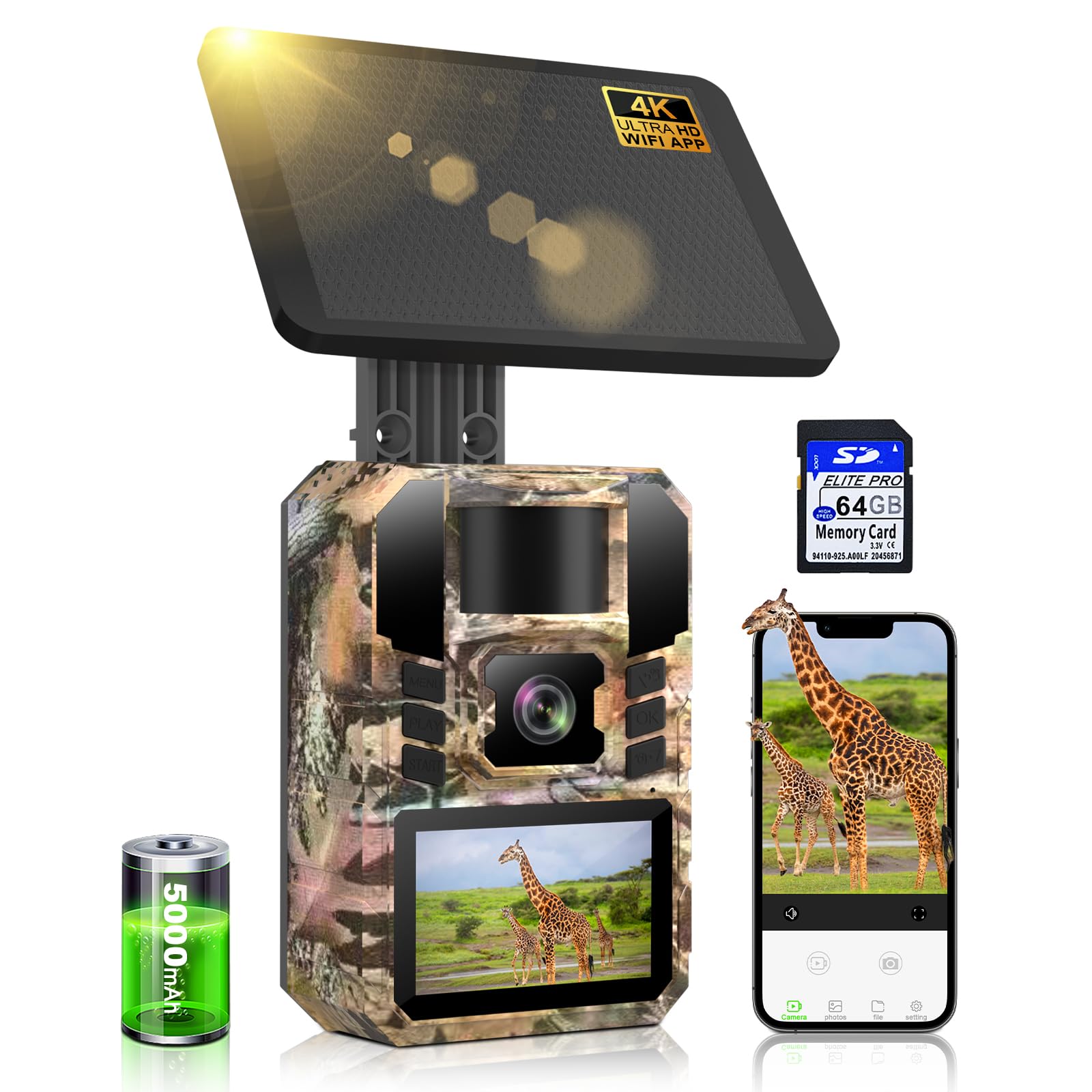 Lutranstra 3 Wildkamera Solar, 4K/64MP Wildkamera WLAN mit Handyübertragung APP, Bewegungssensor, Nachtsicht, 0,1s Auslösezeit, Infrarot Wildtierkamera mit 5000mAh Akku, 64GB Karte, IP67 Wasserdicht