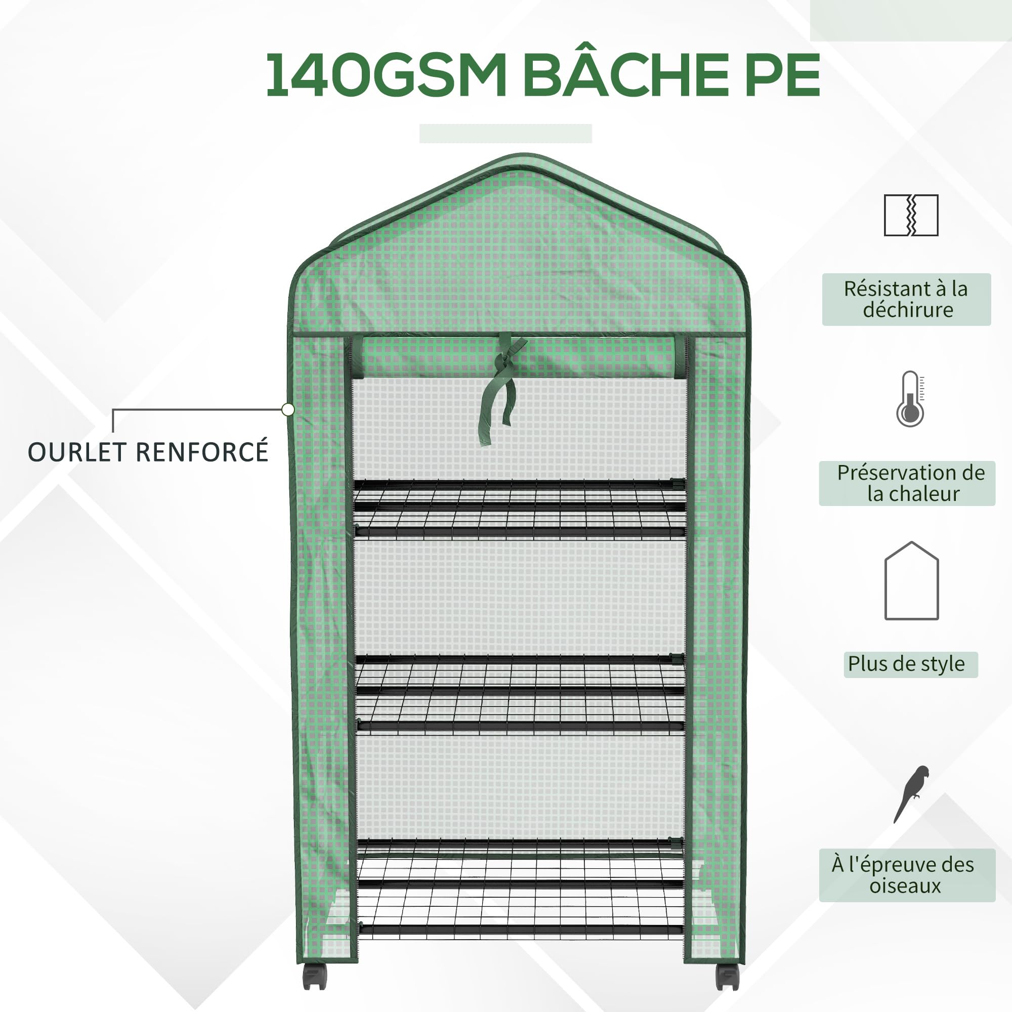 Outsunny Serre de Jardin PE avec étagères 3 Niveaux, Serre de Balcon, bâche PE, châssis en Acier, Porte zippée Enroulable, pour légumes Plantes Fleurs, 69x49x130cm, Vert
