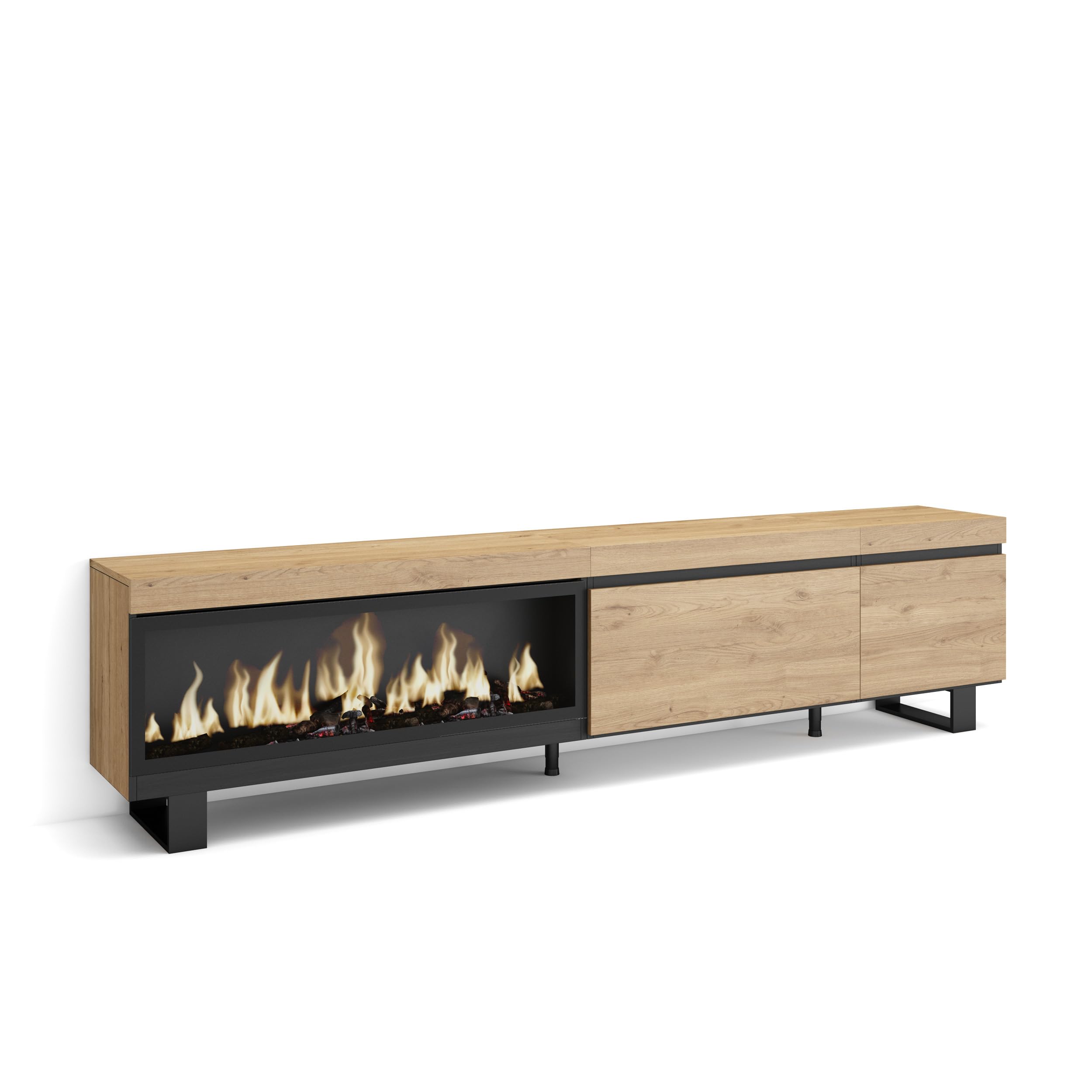 Skraut Home | Mueble TV | Televisión | Muebles de salón, almacenaje | 237x57x35 cm | para TV Gran Formato | Chimenea eléctrica XXL | Diseño Industrial | Estilo Moderno | Roble